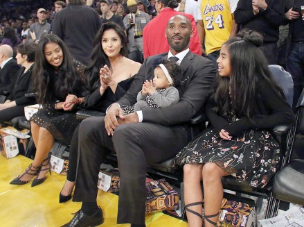 The retirement of the Los Angeles Lakers player, Kobe Bryant's #8 and #24 jerseys was held Monday December 18, 2017 in Los Angeles, California during half time of the game between with the Golden State Warriors. Kobe Bryant with his family (L-R) Gianna Maria-Onore, wife, Vanessa Laine Bryant, Kobe Bryant holding Bianka Bella and Natalia Diamante. 18 Dec 2017 Pictured: The retirement of the Los Angeles Lakers player, Kobe Bryant's #8 and #24 jerseys was held Monday December 18, 2017 in Los Angeles, California during half time of the game between with the Golden State Warriors. Kobe Bryant with his family (L-R) Gianna Maria-Onore, wife, Vanessa Laine Bryant, Kobe Bryant holding Bianka Bella and Natalia Diamante. Photo credit: ZUMAPRESS.com / MEGA TheMegaAgency.com +1 888 505 6342 (Mega Agency TagID: MEGA135063_001.jpg) [Photo via Mega Agency]