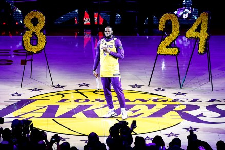 Los Angeles Lakers' LeBron James, wearing a No. 24 jersey, speaks about Kobe Bryant prior to an NBA game between the Lakers and the Portland Trail Blazers on Friday, Jan. 31, 2020, in Los Angeles. Bryant, the 18-time NBA All-Star who won five championships and became one of the greatest basketball players of his generation during a 20-year career with the Lakers, died in a helicopter crash Sunday. (AP Photo/Ringo H.W. Chiu)