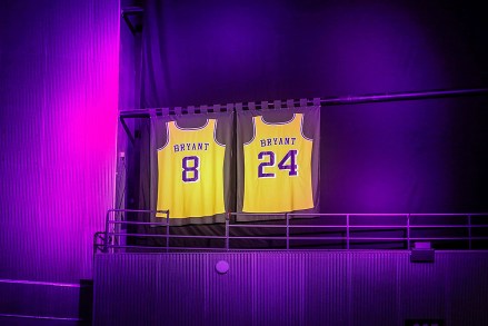 The retired jerseys of late Los Angeles Lakers Kobe Bryant hangs above the arena prior to an NBA game against the Portland Trail Blazers at Staples Center, in Los Angeles. Bryant, the 18-time NBA All-Star who won five championships and became one of the greatest basketball players of his generation during a 20-year career with the Los Angeles Lakers, died in a helicopter crash Sunday
Bryant Basketball, Los Angeles, USA - 31 Jan 2020