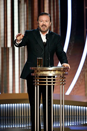 77th ANNUAL GOLDEN GLOBE AWARDS -- Pictured: Ricky Gervais at the 77th Annual Golden Globe Awards held at the Beverly Hilton Hotel on January 5, 2020 -- (Photo by: Paul Drinkwater/NBC)
