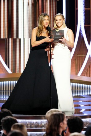 77th ANNUAL GOLDEN GLOBE AWARDS -- Pictured: (l-r) Reese Witherspoon and Jennifer Aniston at the 77th Annual Golden Globe Awards held at the Beverly Hilton Hotel on January 5, 2020 -- (Photo by: Paul Drinkwater/NBC)