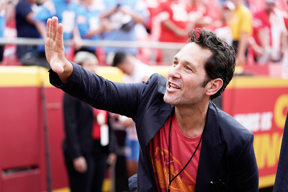 Actor Paul Rudd is seen on the sidelines before the start of an NFL football game between the Kansas City Chiefs and the Los Angeles Chargers , in Kansas City, Mo Chargers Chiefs Football, Kansas City, United States - September 15, 2022
