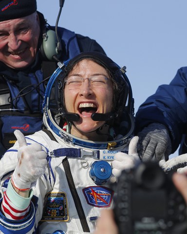 Russian search and rescue team members help NASA astronaut Christina Koch to leave the Russian Soyuz MS-13 space capsule after landing in a remote area southeast of Zhezkazgan in the Karaganda region of Kazakhstan, 06 February 2020. A Soyuz space capsule with NASA US astronaut Christina Koch, ESA astronaut Luca Parmitano and Russian cosmonaut Alexander Skvortsov of Roscosmos, returning from a mission to the International Space Station, landed safely in the steppes of Kazakhstan.
Soyuz MS-13 space capsule lands with Expedition 61 in Kazakhstan, Dzhezkazgan - 06 Feb 2020