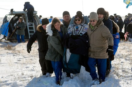 Russian search and rescue team members carry NASA astronaut Christina Koch shortly after Russian Soyuz MS-13 space capsule landing in a remote area southeast of Zhezkazgan in the Karaganda region of Kazakhstan, 06 February 2020. A Soyuz space capsule with NASA US astronaut Christina Koch, ESA astronaut Luca Parmitano and Russian cosmonaut Alexander Skvortsov of Roscosmos, returning from a mission to the International Space Station, landed safely in the steppes of Kazakhstan.
Soyuz MS-13 space capsule lands with Expedition 61 in Kazakhstan, Dzhezkazgan - 06 Feb 2020
