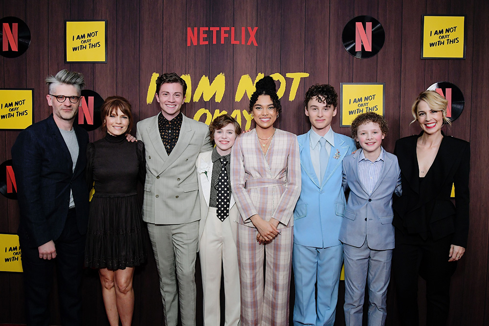 WEST HOLLYWOOD, CALIFORNIA - FEBRUARY 25: (L-R) Jonathan Entwistle, Kathleen Rose Perkins, Richard Ellis, Sophia Lillis, Sofia Bryant, Wyatt Oleff,  Aidan Wojtak-Hissong, and Christy Hall attend the premiere of Netflix's "I AM NOT OKAY WITH THIS" at The London West Hollywood on February 25, 2020 in West Hollywood, California. (Photo by Charley Gallay/Getty Images for Netflix)