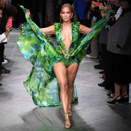US actress Jennifer Lopez presents a creation by Versace during the Milan Fashion Week, in Milan, Italy, 20 September 2019. Spring-Summer 2020 women's collections are presented at the Milano Moda Donna from 17 to 23 September.
Versace - Runway - Milan Fashion Week S/S 2020, Italy - 20 Sep 2019