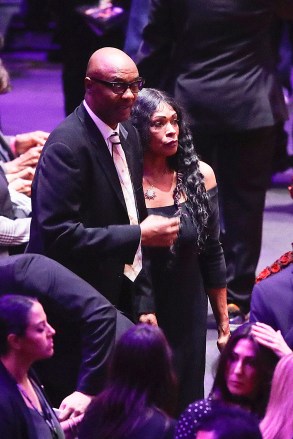 Kobe Bryant's parents Joe and Pam Bryant arrive for a celebration of life for Kobe Bryant and his daughter Gianna Monday, Feb. 24, 2020, in Los Angeles. (AP Photo/Marcio Jose Sanchez)