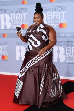 Lizzo
40th Brit Awards, Arrivals, The O2 Arena, London, UK - 18 Feb 2020
Wearing Moschino Same Outfit as catwalk model Jourdan Dunn *3588418b