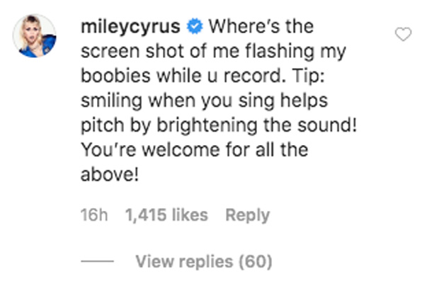 Miley Cyrus comments on Cody Simpson's Instagram