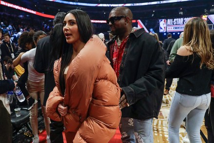 Kim Kardashian and Kanye West are seen during halftime of the NBA All-Star basketball game Sunday, Feb. 16, 2020, in Chicago. (AP Photo/Nam Huh)