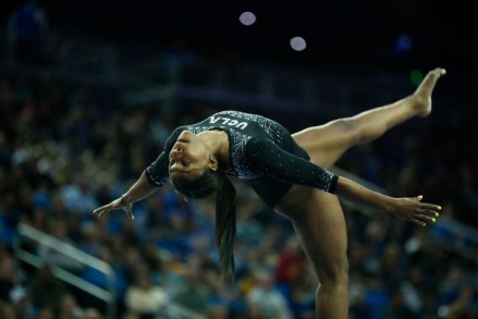 Nia Dennis of UCLA during an NCAA college gymnastics match, in Los Angeles
Nebraska UCLA Gymnastics, Los Angeles, USA - 04 Jan 2019