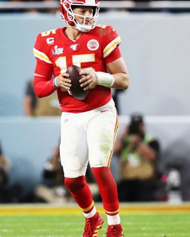 Kansas City Chiefs quarterback Patrick Mahomes (15) looks to make a pass during the second half of the NFL Super Bowl 54 football game between the San Francisco 49ers and Kansas City Chiefs, in Miami Gardens, Fla. The Kansas City Chiefs won 31-20Kansas City Chiefs v San Francisco 49ers, Super Bowl LIV, American Football, Hard Rock Stadium, Miami, Florida, USA - 02 Feb 2020