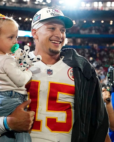 Kansas City Chiefs quarterback Patrick Mahomes holds his daughter, Sterling Skye Mahomes, after the NFL Super Bowl 57 football game against the Philadelphia Eagles, in Glendale, Ariz. The Kansas City Chiefs defeated the Philadelphia Eagles 38-35
Super Bowl Football, Glendale, United States - 12 Feb 2023