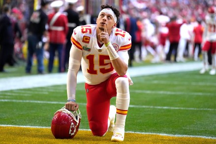 Kansas City Chiefs quarterback Patrick Mahomes gestures while kneeling in the end zone before the NFL Super Bowl 57 football game between the Kansas City Chiefs and the Philadelphia Eagles, in Glendale, Ariz
Super Bowl Football, Glendale, United States - 12 Feb 2023
