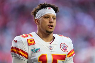 Kansas City Chiefs quarterback Patrick Mahomes (15) watches during warm ups before the NFL Super Bowl 57 football game between the Kansas City Chiefs and the Philadelphia Eagles, in Glendale, Ariz
Super Bowl Football, Glendale, United States - 12 Feb 2023