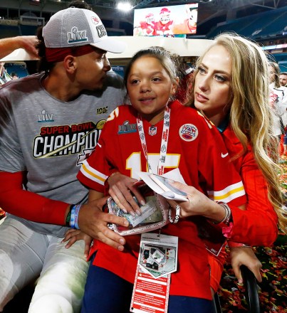Kansas City Chiefs quarterback Patrick Mahomes (L) gets onto a golf cart with half sister Mia Randall (C) and girlfriend Brittany Matthews after defeating the San Francisco 49ers to win the National Football League Super Bowl LIV at Hard Rock Stadium in Miami Gardens, Florida , USA, 02 February 2020. Super Bowl LIV, Miami Gardens, USA - 02 Feb 2020