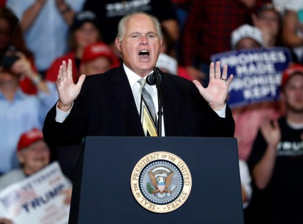 Radio personality Rush Limbaugh introducing President Donald Trump at the start of a campaign rally in Cape Girardeau, Mo. Limbaugh says he's been diagnosed with advanced lung cancer. Addressing listeners on his program, he said he will take some days off for further medical tests and to determine treatment
People Rush Limbaugh, Cape Girardeau, USA - 06 Nov 2018