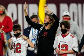 Gisele Bundchen, wife of Tampa Bay Buccaneers quarterback Tom Brady, walks off the field after the NFL Super Bowl 55 football game Sunday, Feb. 7, 2021, in Tampa, Fla. The Buccaneers defeated the Kansas City Chiefs 31-9 to win the Super Bowl. (AP Photo/Gregory Bull)