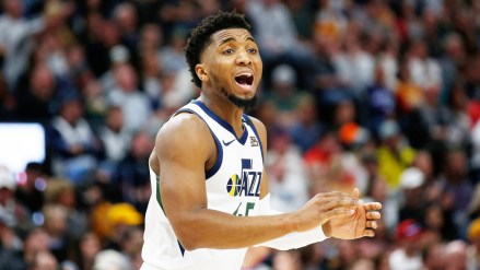 Utah Jazz guard Donovan Mitchell (45) shouts to his team in the first half during an NBA basketball game against the Dallas Mavericks, in Salt lake City
Jazz Basketball, Salt Lake City, USA - 25 Jan 2020