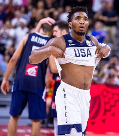 Donovan Mitchell of the USA reacts after losing the FIBA Basketball World Cup 2019 quarter final match between the USA and France in Dongguan, China, 11 September 2019. France won 89-79.
FIBA Basketball World Cup 2019, Dongguan, China - 11 Sep 2019