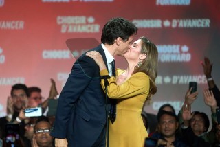 Canadian Prime Minister and Liberal Party leader Justin Trudeau (L) and wife Sophie Gregoire (R) kiss as they celebrate election victory in Montreal, Quebec, Canada, 21 October 2019. Liberal Party leader Justin Trudeau has retained his position as Canadian Prime Minister in the federal election but will be forced to form a minority government.
Federal election in Canada, Montreal - 21 Oct 2019