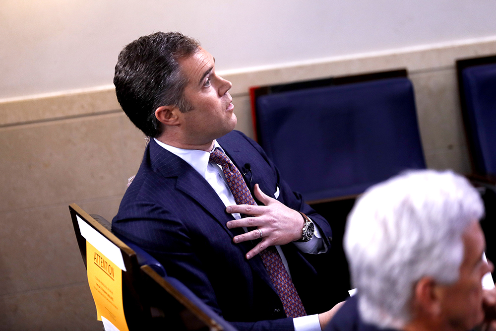 Peter Alexander, journalist with NBC News, asks a question during a Coronavirus Task Force news conference in the briefing room of the White House in Washington, D.C., USA, 20 March 2020. Americans will have to practice social distancing for at least several more weeks to mitigate US cases of Covid-19, Anthony S. Fauci of the National Institutes of Health said today. Countries around the world are taking increased measures to stem the widespread of the SARS-CoV-2 coronavirus which causes the Covid-19 disease.
Coronavirus Task Force news conference, Washington, USA - 20 Mar 2020