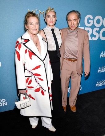 Florence Pugh, center, and her parents Deborah Mackin, left, and Clinton Pugh attend a special screening of "A Good Person" at Metrograph, in New York
NY Special Screening of "A Good Person", New York, United States - 20 Mar 2023