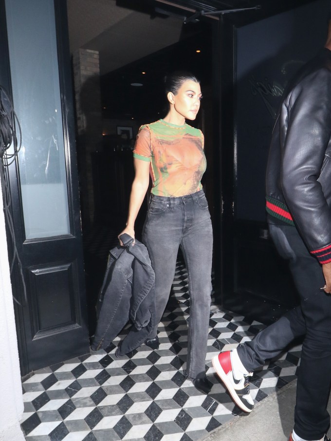 Kourtney Kardashian In Jeans & Sheer Shirt