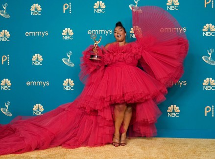 Lizzo poses in the press room with the award for outstanding competition program "Lizzo's Watch Out For The Big Grrrls" at the 74th Primetime Emmy Awards, at the Microsoft Theater in Los Angeles 2022 Primetime Emmy Awards, Los Angeles, United States - 12 Sep 2022