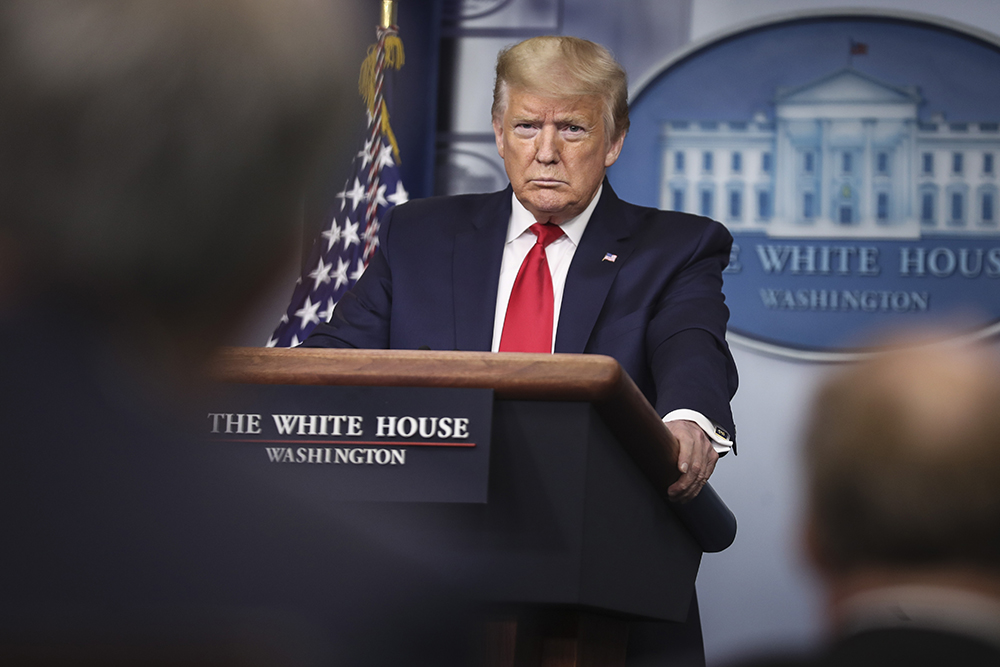 United States President Donald J. Trump speaks during a press briefing with members of the coronavirus task force in the Brady Press Briefing Room of the White House in Washington, DC.
President Trump and Members of the Coronavirus Task Force hold a press briefing, Washington, District of Columbia, USA - 09 Apr 2020