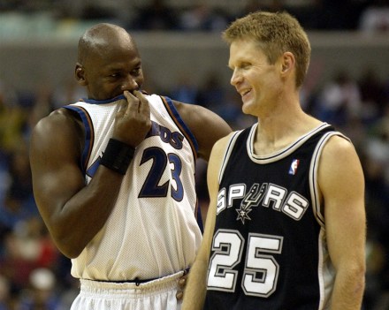 JORDAN KERR Washington Wizards' Michael Jordan (23) shares a laugh with San Antonio Spurs' Steve Kerr (25) during the second half of the Wizards' 105-103 win, in Washington
SPURS WIZARDS, WASHINGTON, USA