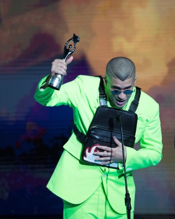 Puerto Rican artist Bad Bunny receives an award during the Soberano Awards ceremony in Santo Domingo, Dominican Republic, 19 March 2019. The Soberano Awards, organized by the Association of Art Writers (Acroarte), recognize the work of representatives of the world of art and culture.Soberano Awards ceremony in Santo Domingo, Dominican Republic - 19 Mar 2019