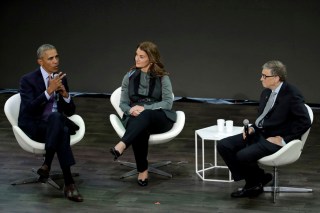 Former President Barack Obama, left, speaks with Bill Gates, right, and his wife Melinda Gates, during a conversation at the Goalkeepers Conference hosted by the Bill and Melinda Gates Foundation, in New York
Obama Gates Foundation, New York, USA - 20 Sep 2017