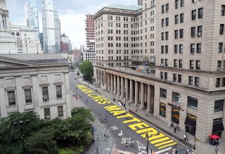 "Black Lives Matter" is spelled out in giant yellow letters on a street mural located in front of Borough Hall in Brooklyn New York  on June 27, 2020.
Black Lives Matter is spelled out in giant yellow letters on a street mural located, Brooklyn, New York, USA - 27 Jun 2020