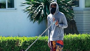 Chadwick Boseman walking his dog