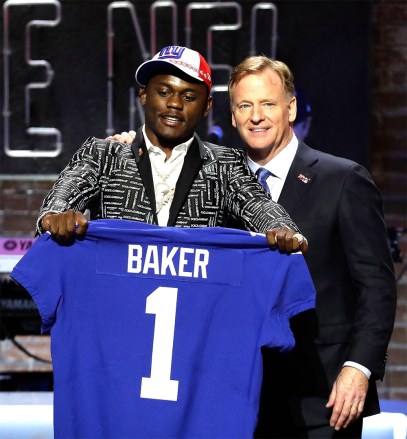 Georgia defensive back DeAndre Baker poses with NFL Commissioner Roger Goodell after the New York Giants selected Baker in the first round at the NFL football draft, in Nashville, Tenn
NFL Draft Football, Nashville, USA - 25 Apr 2019
