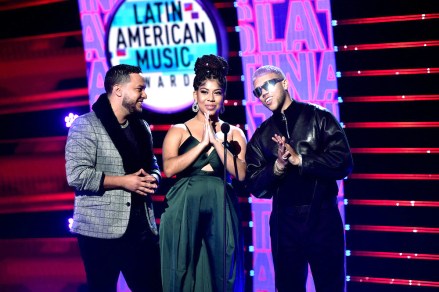 2019 LATIN AMERICAN MUSIC AWARDS -- "Show" -- Pictured: (l-r) Lorenzo Mendez, Jeidimar Rijos, and Jhay Cortez performs at the Dolby Theatre in Hollywood, CA on October 17, 2019 -- (Photo by: Alberto Rodriguez/Telemundo)