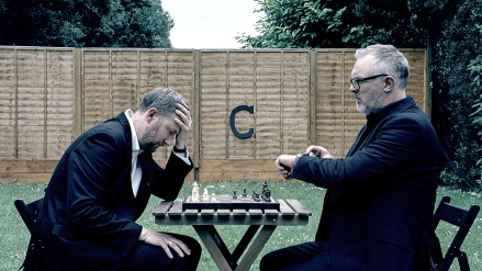 Taskmaster -- "Stuck in a mammal groove." -- Image:  TKM103_SG_0006r -- Pictured: Alex Horne and Greg Davies -- Photo: Avalon UKTV -- © 2020 Avalon UKTV. All rights reserved.