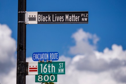 New street signs read Black Lives Matter on 16th Street near the White House, where there have been of seven days of protests over the death of George Floyd, who died in police custody, in Washington, DC, USA, 05 June 2020. Earlier in the day DC Mayor Muriel Bowser renamed that section of 16th Street Black Lives Matter Plaza.
George Floyd protest in Washington, DC, USA - 05 Jun 2020