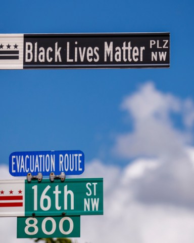 New street signs read Black Lives Matter on 16th Street near the White House, where there have been of seven days of protests over the death of George Floyd, who died in police custody, in Washington, DC, USA, 05 June 2020. Earlier in the day DC Mayor Muriel Bowser renamed that section of 16th Street Black Lives Matter Plaza.
George Floyd protest in Washington, DC, USA - 05 Jun 2020
