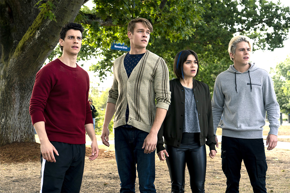 THE ORDER (L to R) ADAM DIMARCO as RANDALL CARPIO, THOMAS ELMS as HAMISH DUKE, DEVERY JACOBS as LILITH BATHORY, and JAKE MANLEY as JACK MORTON in episode 201 of THE ORDER Cr. DANIEL POWER/NETFLIX © 2020