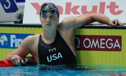 United States' Katie Ledecky, reacts after he second place finish in the women's 400m freestyle final at the World Swimming Championships in Gwangju, South Korea, Sunday, July 21, 2019. (AP Photo/Lee Jin-man)