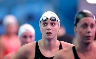 United States' Katie Ledecky reacts after her women's 1500m heat at the World Swimming Championships in Gwangju, South Korea, Monday, July 22, 2019. (AP Photo/Lee Jin-man)