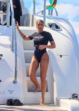 Miami Beach, CA - Lori Harvey and Olivia Culpo showcase their curves in James Bond–themed Michael Kors swimsuits as they're joined by a parade of models on a yacht in Miami for a Michael Kors X 007 eventPictured: Lori HarveyBACKGRID USA 27 OCTOBER 2021 BYLINE MUST READ: RACHPOOT / BACKGRIDUSA: +1 310 798 9111 / usasales@backgrid.comUK: +44 208 344 2007 / uksales@backgrid.com*UK Clients - Pictures Containing ChildrenPlease Pixelate Face Prior To Publication*