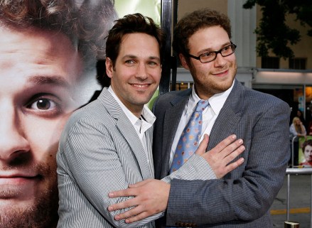 Seth Rogan, right, cast member and executive producer of the new comedy film "Knocked Up" and fellow cast member Paul Rudd arrive at the premiere of the film in Los Angeles Monday, May 21, 2007. (AP Photo/Kevork Djansezian)