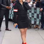 Sarah Jeffery wears a red boots outside AOL Build Series in New York City