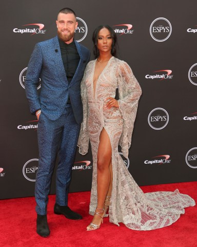 Kansas City Chiefs' Travis Kelce, left, and Kayla Nicole arrive at the ESPY Awards at Microsoft Theater on Wednesday, July 18, 2018, in Los Angeles. (Photo by Willy Sanjuan/Invision/AP)