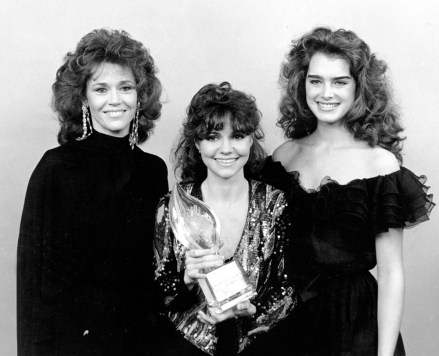 Actresses Jane Fonda, left, Sally Field and Brooke Shields pose with their award at the 8th Annual People's Choice Awards ceremonies in Santa Monica, Ca.  on March 18, 1982. Fonda and Field shared the honor for favorite movie actress, and Shields received hers for favorite movie performer.  (AP Photo/Doug Pizac)