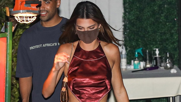 Kendall Jenner: Red Satin Top and Pants