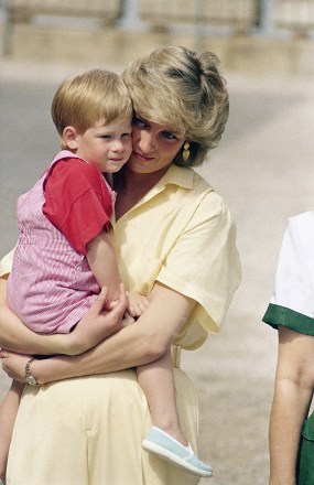 The Princess of Wales holds son Prince Harry while royal families posed for photographers at the Royal Palace, Majorca, Spain on Sunday, August 9, 1987. Prince Charles and Princess Diana with their two children William and Henry are spending a week's vacation on the island as guests of King Juan Carlos and his family.  (AP Photo/John Redman)